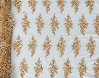 Rose gold flower damask embroider with sequins and heavy beaded on a mesh lace fabric-sold by the yard.