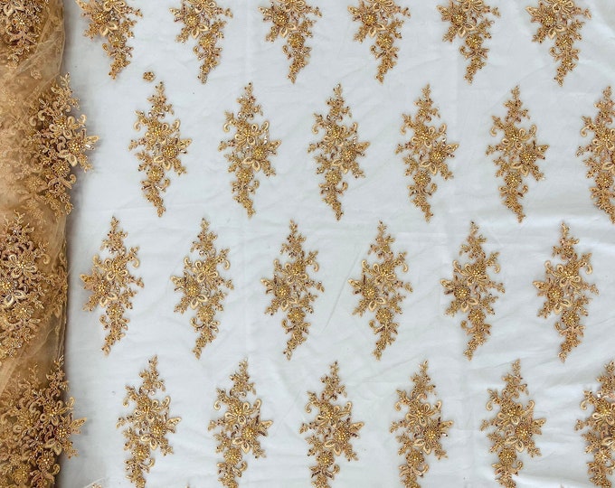 Rose gold flower damask embroider with sequins and heavy beaded on a mesh lace fabric-sold by the yard.