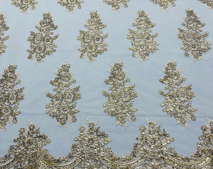 Metallic gold corded embroider with sequins on a mesh lace fabric-prom-sold by the yard.