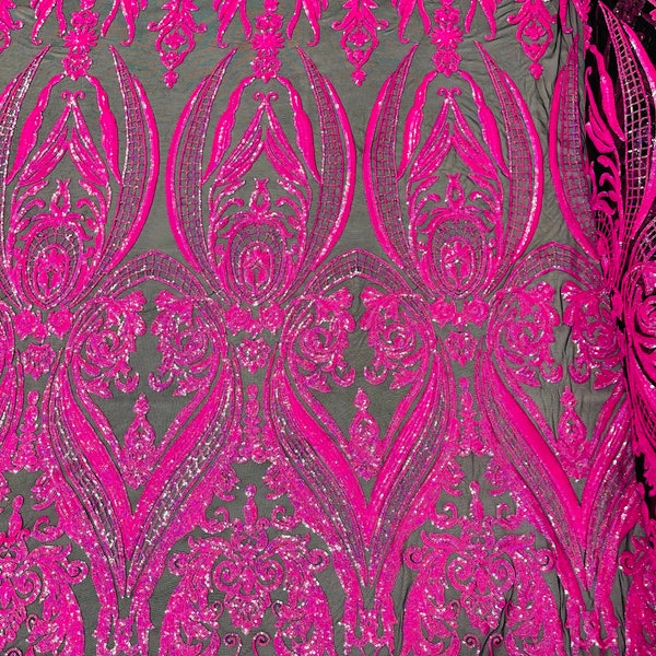 Neon Hot Pink iridescent empire damask design with clear sequins embroider on a Black 4 way stretch mesh fabric-sold by the yard.