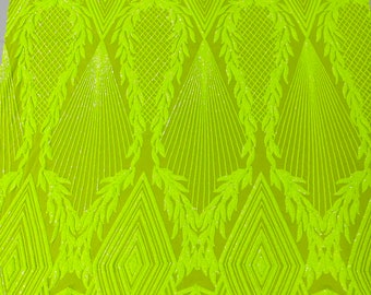 Neon Yellow geometric diamond design with shiny sequins on a 4 way stretch mesh-dresses-prom-nightgown-sold by the yard.