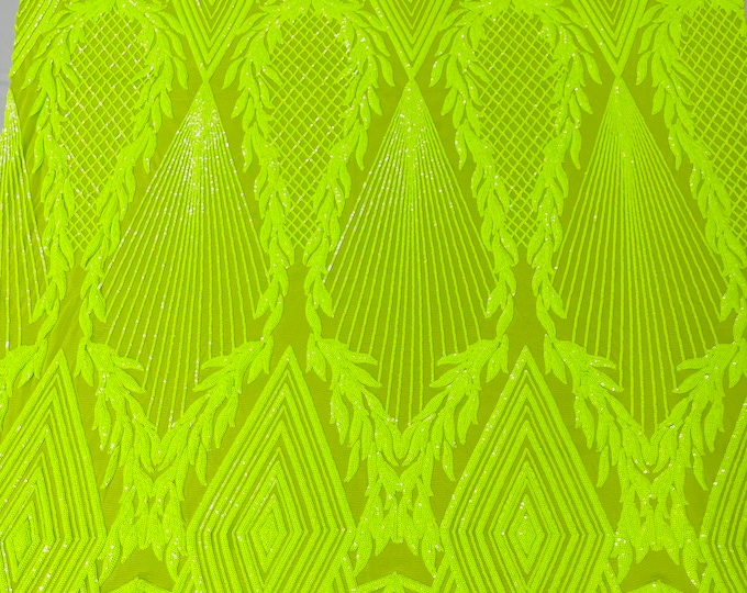 Neon Yellow geometric diamond design with shiny sequins on a 4 way stretch mesh-dresses-prom-nightgown-sold by the yard.