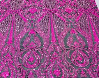 Hot pink princess design iridescent sequins embroidery on a 4 way stretch black mesh-dresses-apparel-prom-nightgown-sold by the yard.