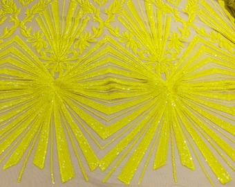 Bright yellow diamond damask design on a nude 4 way stretch mesh-prom-sold by the yard.