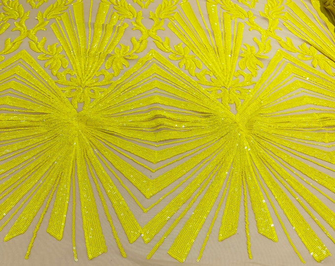 Bright yellow diamond damask design on a nude 4 way stretch mesh-prom-sold by the yard.