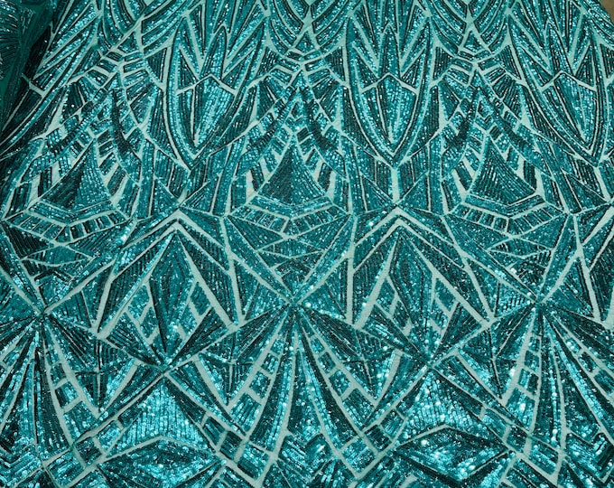 Hunter Green Geometric shiny sequin design on a 4 way stretch mesh-sold by the yard.