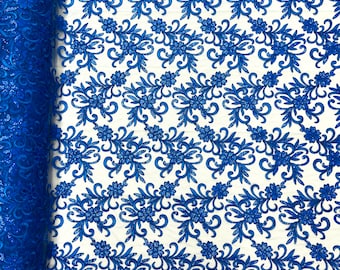 Royal blue corded flowers embroider with sequins on a mesh lace fabric-sold by the yard-