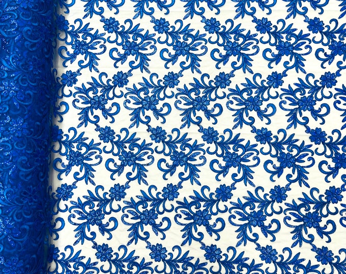 Royal blue corded flowers embroider with sequins on a mesh lace fabric-sold by the yard-