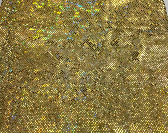 Gold 58/60” Wide Shattered Glass Foil Iridescent Hologram Dancewear 4 Way Stretch Spandex Nylon Tricot Fabric by the yard.