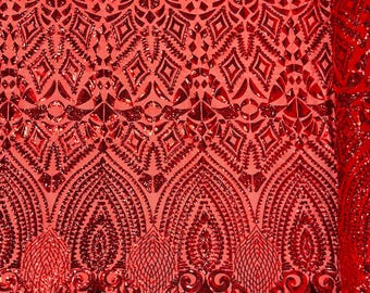 Red - Diamond Geometric Sequin On A Stretch Mesh Fabric ( By The Yard)