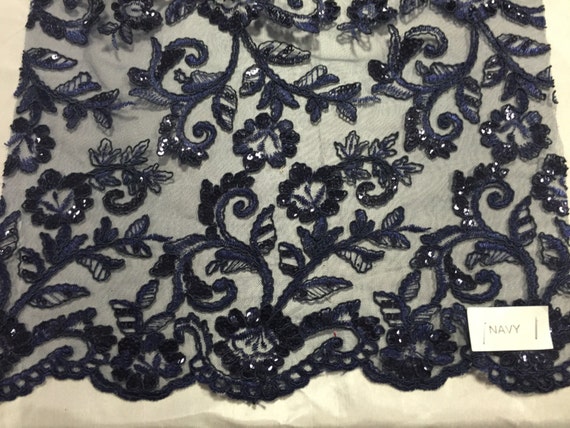 Navy blue corded flowers embroider with sequins on a mesh lace | Etsy