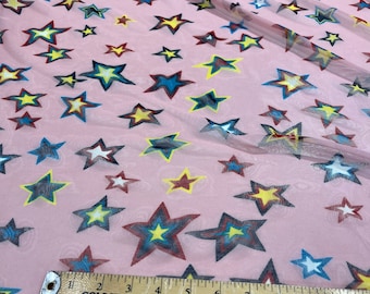 Multi color star design on a Dusty pink power mesh 4-way stretch 58"-Sold by the yard