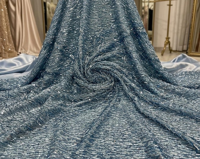 Baby Blue Beaded Sequin Stretch Mesh Fabric by the Yard, Embroidered Lace for Prom, Bridal & Evening Gowns