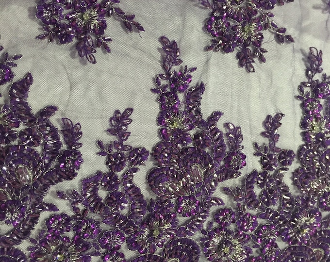 Purple flowers embroider and heavy beaded on a mesh lace fabric-sold by the yard-