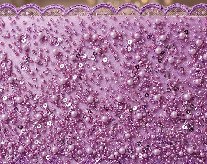 Lilac Pearl Beaded Mesh Lace Fabric by the Yard, Luxury Sequin Bridal Lace for Wedding Dress, Prom Gown, Couture Fabric