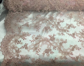 Mauve french corded design-embroider with sequins on a mesh lace fabric-prom-nightgown-decorations-sold by the yard.