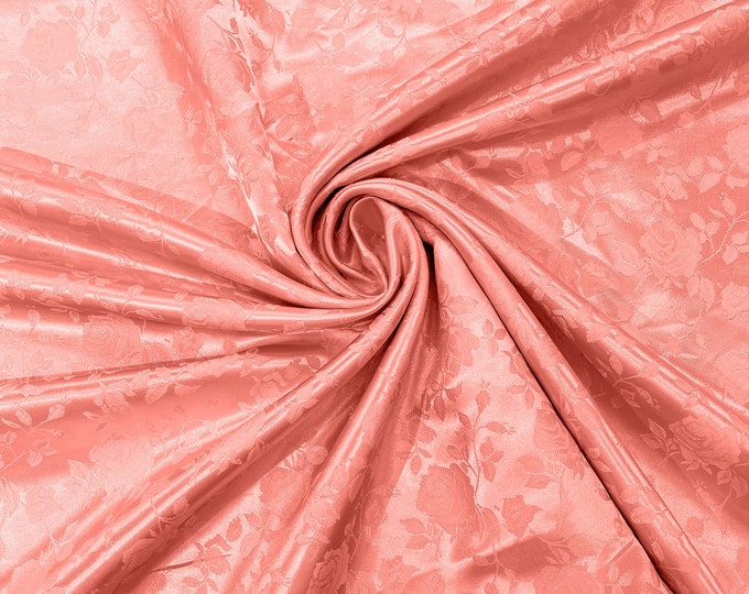Coral 60" Wide Polyester Roses/Flowers Brocade Jacquard Satin Fabric/Cosplay Costumes, Skirts, Table Linen/Sold By The Yard.