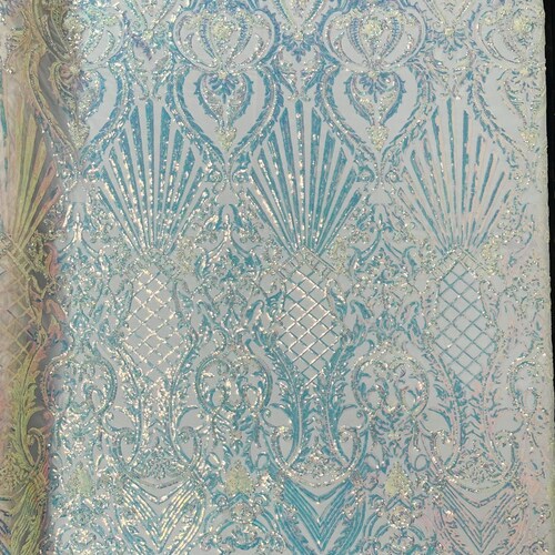 Aqua Sequin Iridescent Shell Damask Design on White Mesh Fabric with Embroidery
