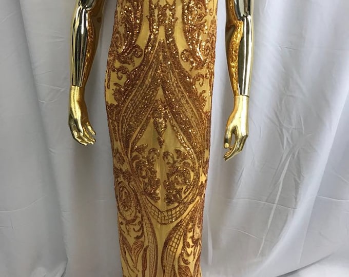 Dark Gold empire design embroider with shiny sequins on a 4 way stretch mesh-dresses-fashion-apparel-prom-nightgown-sold by yard.