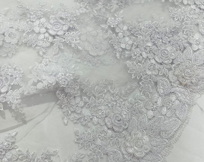White corded lace 3d floral embroider sold by the yard.