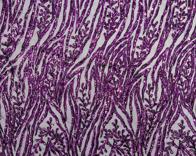 Purple - Vine/Root Sequin 4 Way Stretch Mesh Fabric, by The Yard.