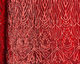 New Red Geometric shiny sequin design on a Nude 4 way stretch mesh-sold by the yard.