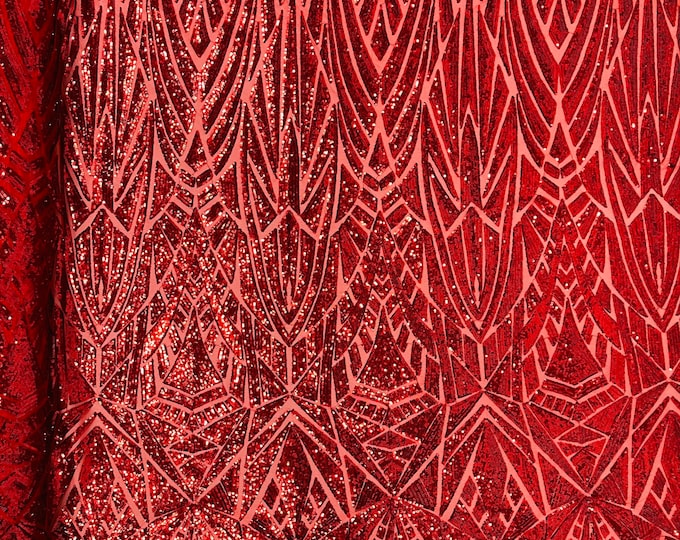 New Red Geometric shiny sequin design on a Nude 4 way stretch mesh-sold by the yard.