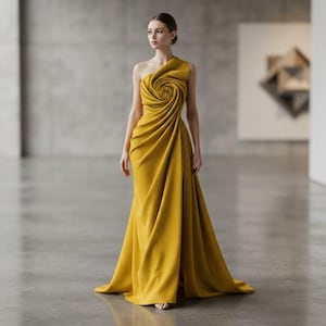 Könnte beinhalten: Ein bodenlanges, senfgelbes Kleid mit einem Schulterträger und einem markanten, spiralförmigen Stoffrosendetail an der Brust. Das Kleid besteht aus drapiertem Stoff, der in einen langen, geraden Rock mit einem Seitenschlitz übergeht.