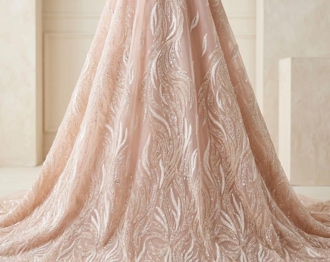 Blush Pink Feather Embroidered Mesh Lace Fabric By The Yard, Heavy Beaded Sequin Bridal Lace For Wedding Dresses & Prom Gowns