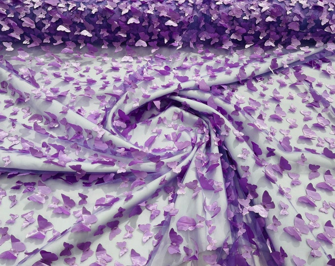 Lavender 3D butterfly metallic design embroider on a mesh fabric - Sold By the Yard .