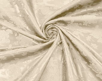 Beige Big Rose Brocade Jacquard Satin Fabric, 60" Wide, Sold by the yard
