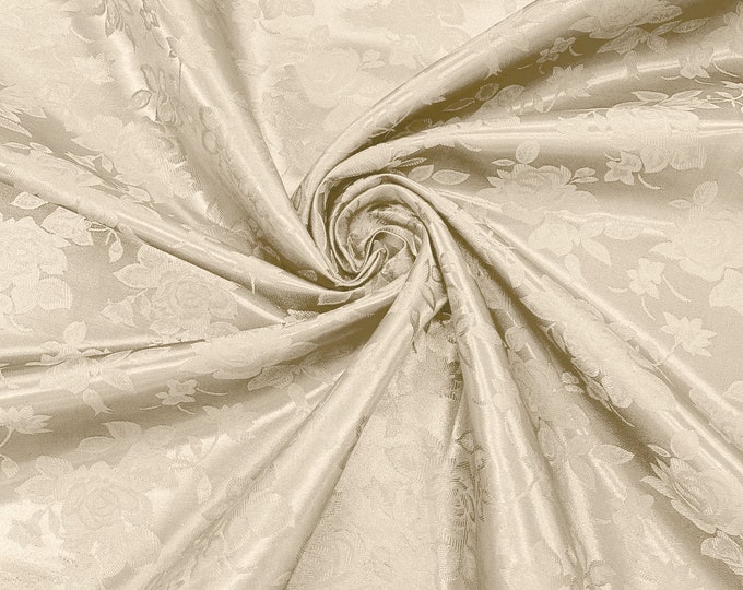 Beige 60" Wide Polyester Big Roses/Flowers Brocade Jacquard Satin Fabric/Cosplay Costumes, Skirts, Table Linen/Sold By The Yard.