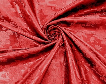 Red Big Rose Brocade Jacquard Satin Fabric, 60" Wide, Sold by the yard