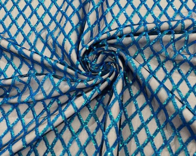 Luxury Diamond Design Mini Glitz Sequins On A Mesh Fabric/Prom/Wedding/Party Supply. Green / Blue