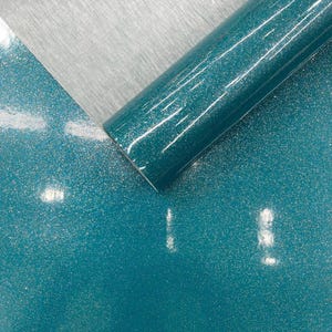 Glittrigt möbeltyg i vinyl, blågrönt, ultraglittrigt hantverksmaterial, 136 cm brett
