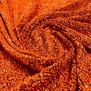 Burnt Orange / Rust stretch velvet with luxury sequins all over 5mm shining sequins 2-way stretch, sold by the yard.