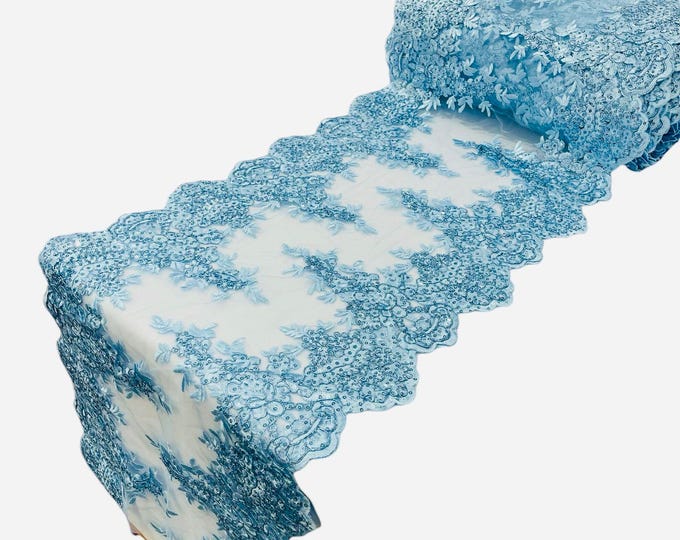 LIGHT BLUE 14"Wide X 90"Long  Sequins Silver Metallic Embroidered Lace on Mesh Fabric, Trim Lace, Table Runner.