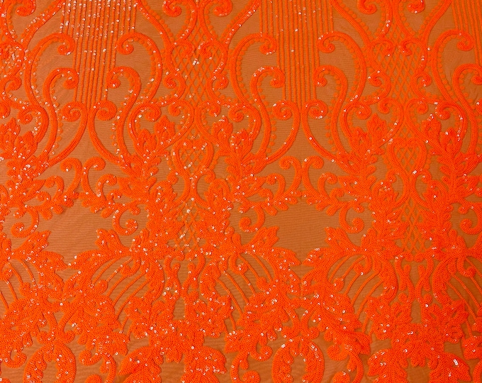 Neon orange damask design on a 4 way stretch mesh-prom-sold by the yard.