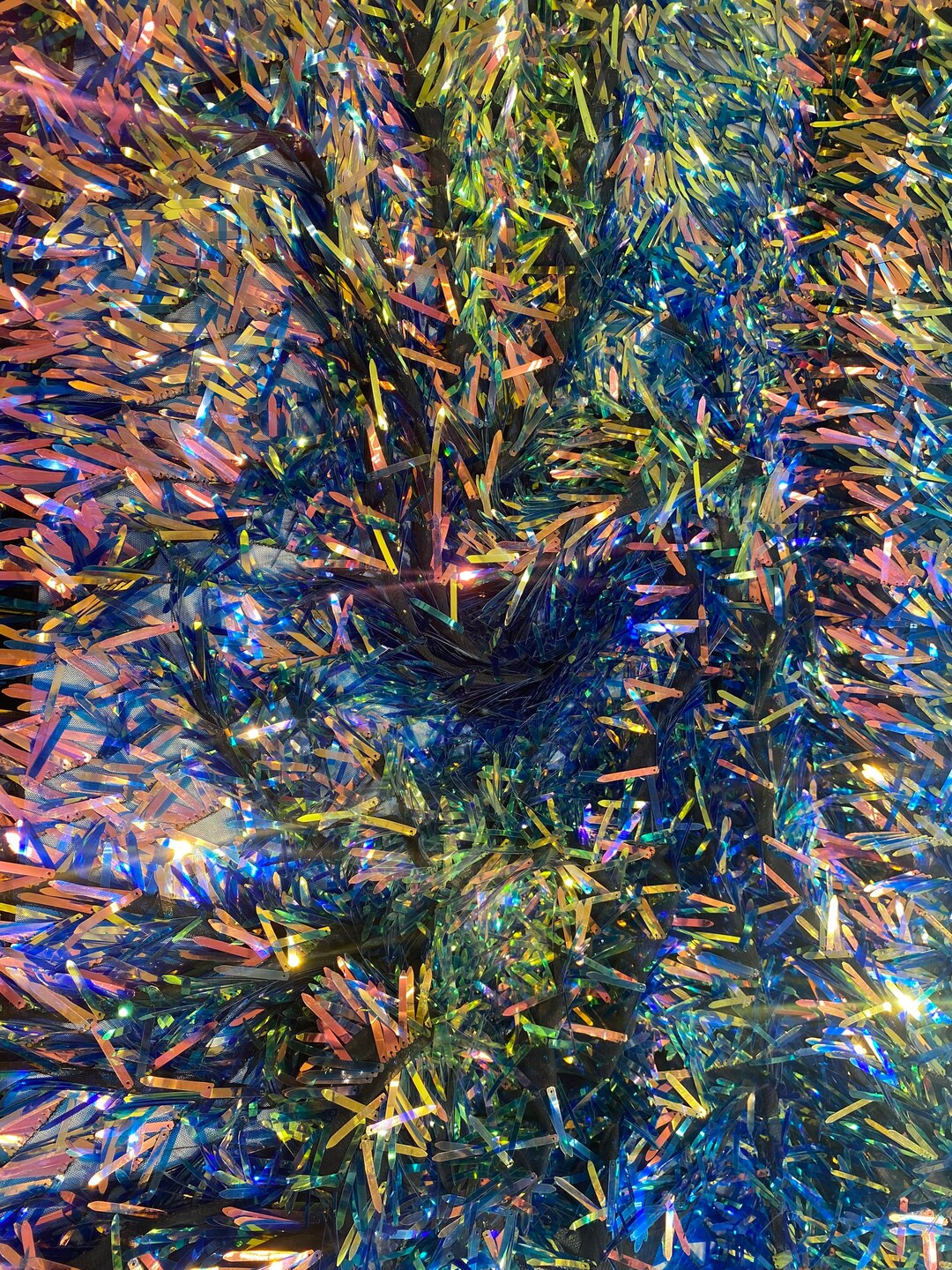 Iridescent sequin Swords Design on black mesh, Burning Man Costume Craft Fabric By The Yard. Black main image 1