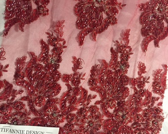 Wings Design Embroider and heavy beading on a mesh lace-sold by the yard. Red main image 1
