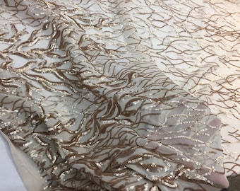 Dazzling champagne fashion tree embroider with sequins on a mesh lace-prom-nightgown-decorations-sold by the yard