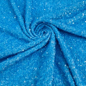 Sky Blue Holographic 5mm sequins on a stretch velvet 2-way stretch/ Costume Fabric/Apparel.