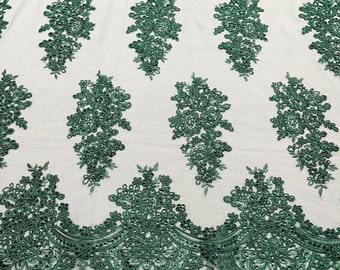 Hunter green corded embroider with sequins on a mesh lace fabric-prom-sold by the yard.