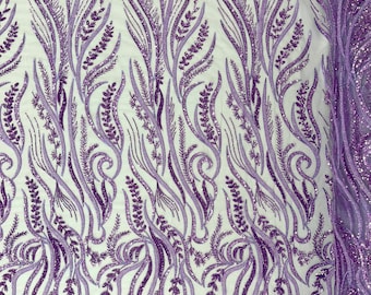 Lavender feather damask embroider with sequins and heavy beaded on a mesh lace fabric-sold by the yard-