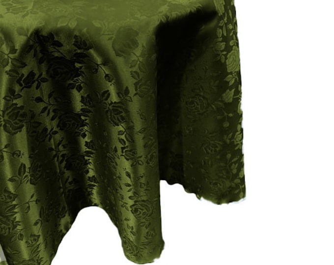 Bamboo Green Round Tablecloth Roses Jacquard Satin Overlay for Small Coffee Table Seamless.