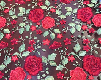Red-black-green multi color floral design embroider on a black mesh-dresses-fashion-decorations-apparel-prom-nightgown-sold by the yard.