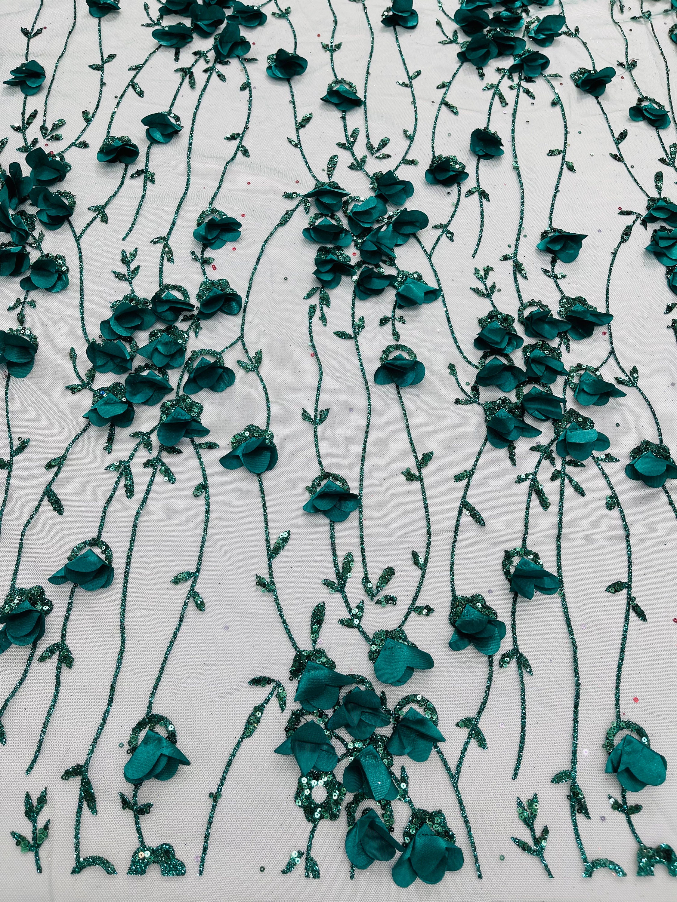 Hunter Green 3d Satin Flower Glitter Sequin Fabric/prom Fabric/wedding ...