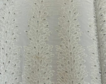 New Vegas heavy beaded feather design embroidery on a mesh fabric-Sold by the panel- White