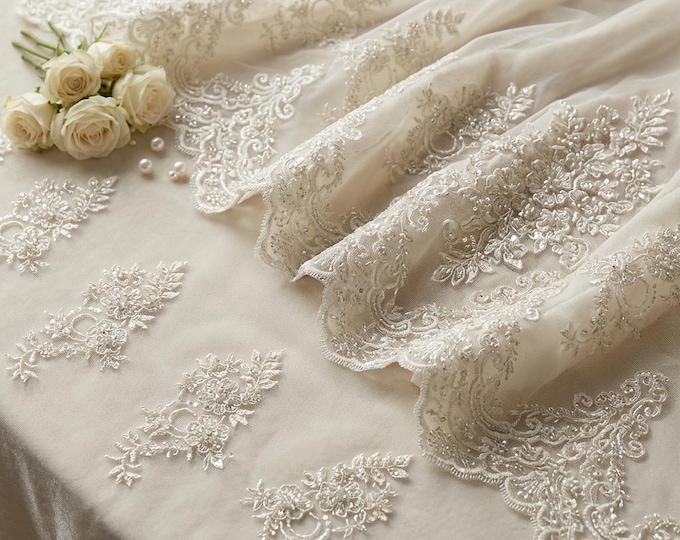 Ivory Beaded Lace Fabric by the Yard, Feather Embroidered Mesh Lace for Bridal Wedding & Prom Dresses