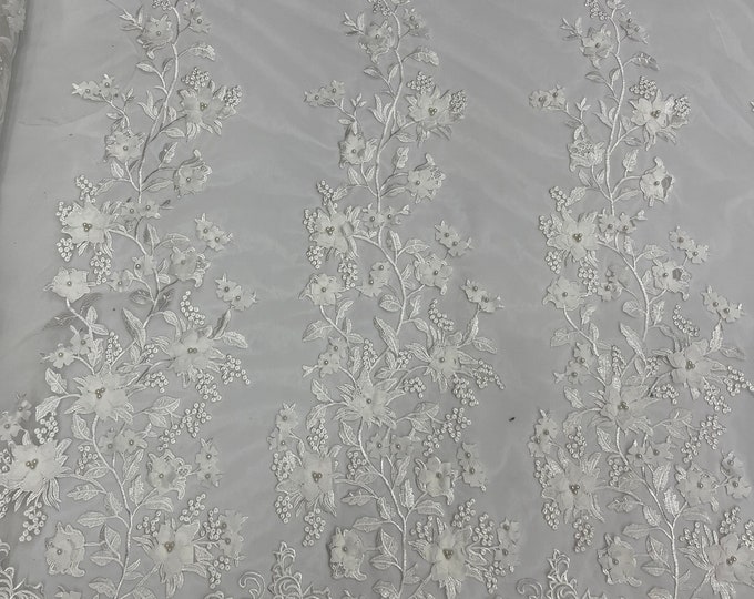 Ivory princess 3d floral design embroider with pearls on a mesh lace-dresses-fashion-prom-nightgown-apparel-decorations-sold by the yard.